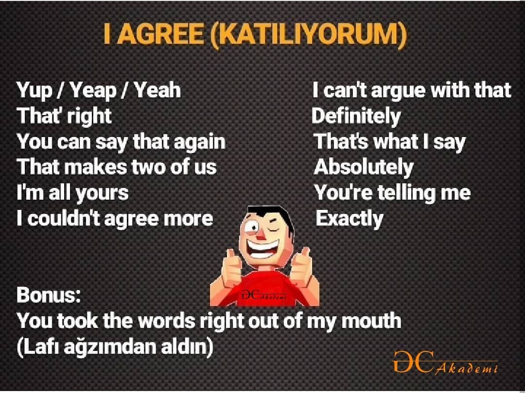 I agree (Katılıyorum) demenin farklı yolları.